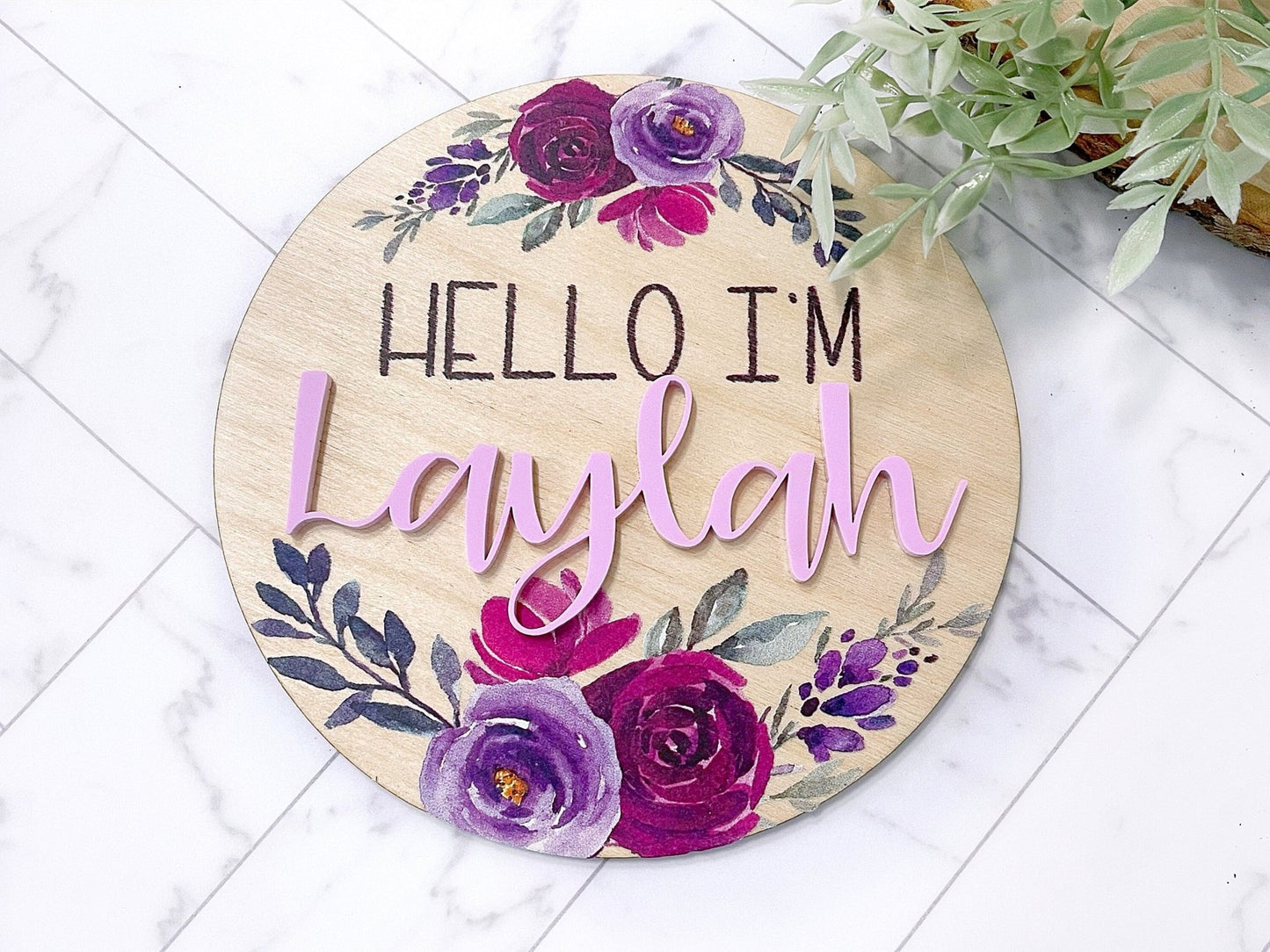 Purple Flower Wood Hello I'm Name Sign - Squishy Cheeks