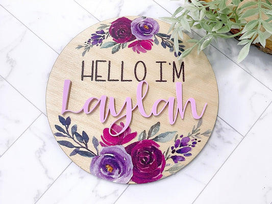 Purple Flower Wood Hello I'm Name Sign - Squishy Cheeks