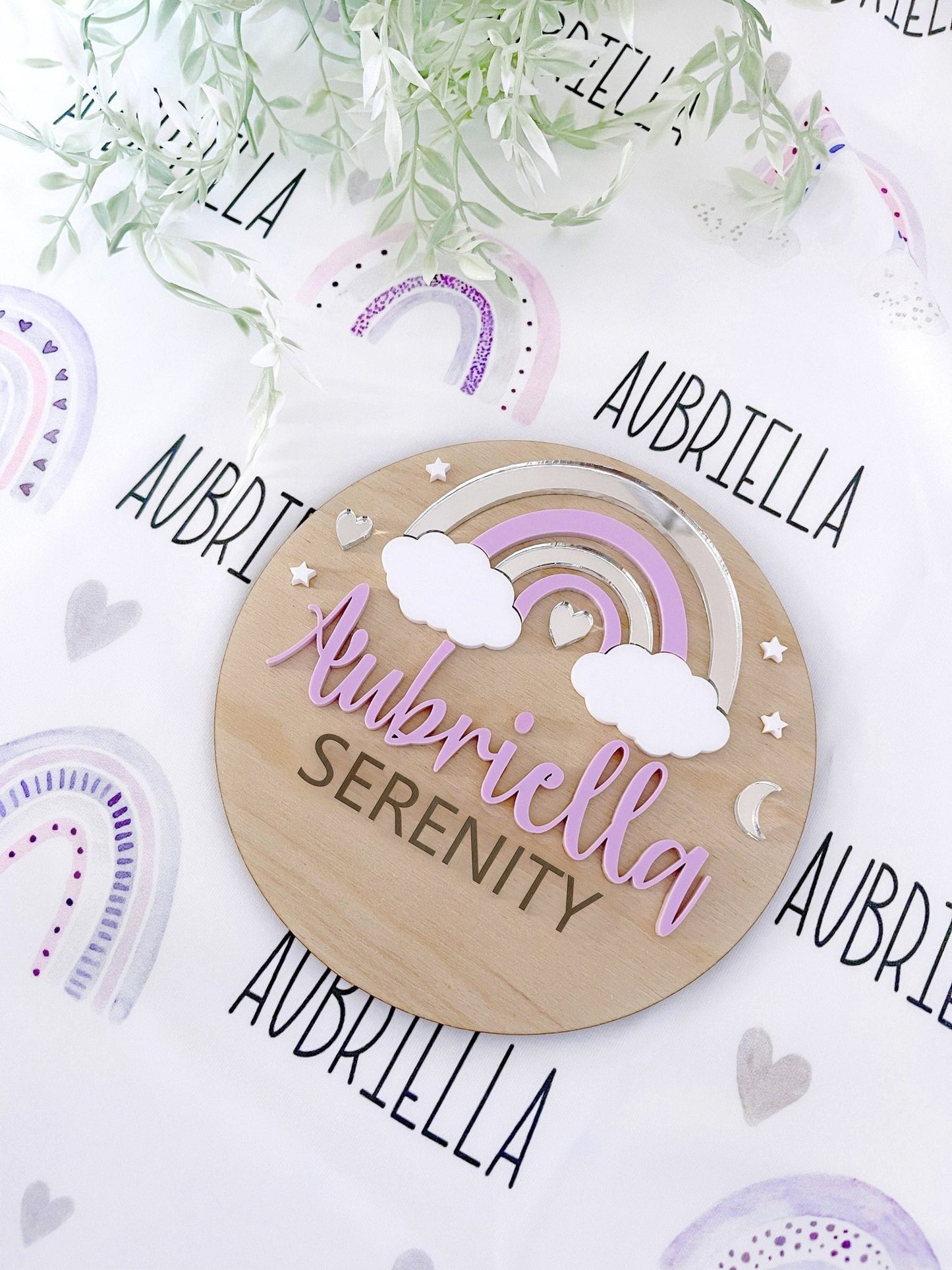 Purple Rainbow Baby Girl Name Sign - Squishy Cheeks