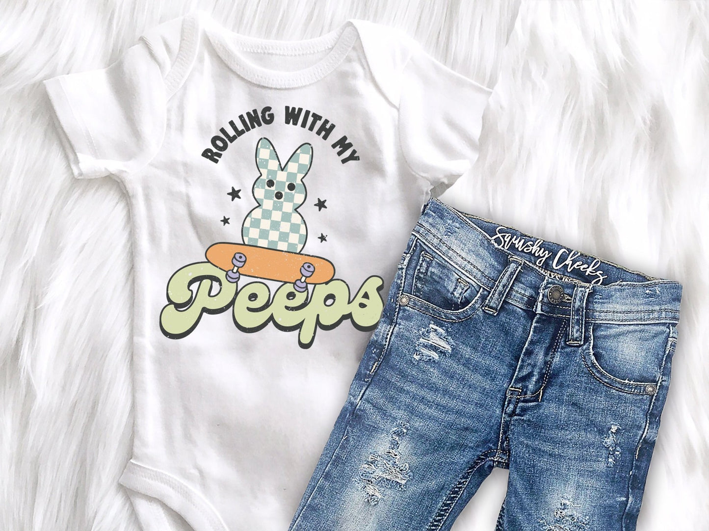 Retro Boys Easter Shirt Rollin With My Peeps Easter Onesie® Boy Raglan Tee - Squishy Cheeks