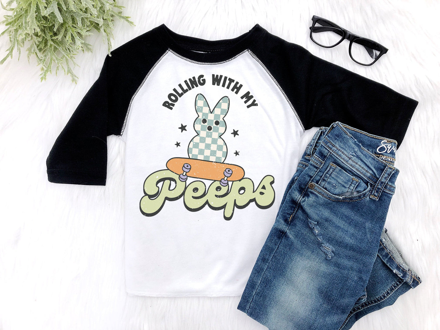 Retro Boys Easter Shirt Rollin With My Peeps Easter Onesie® Boy Raglan Tee - Squishy Cheeks