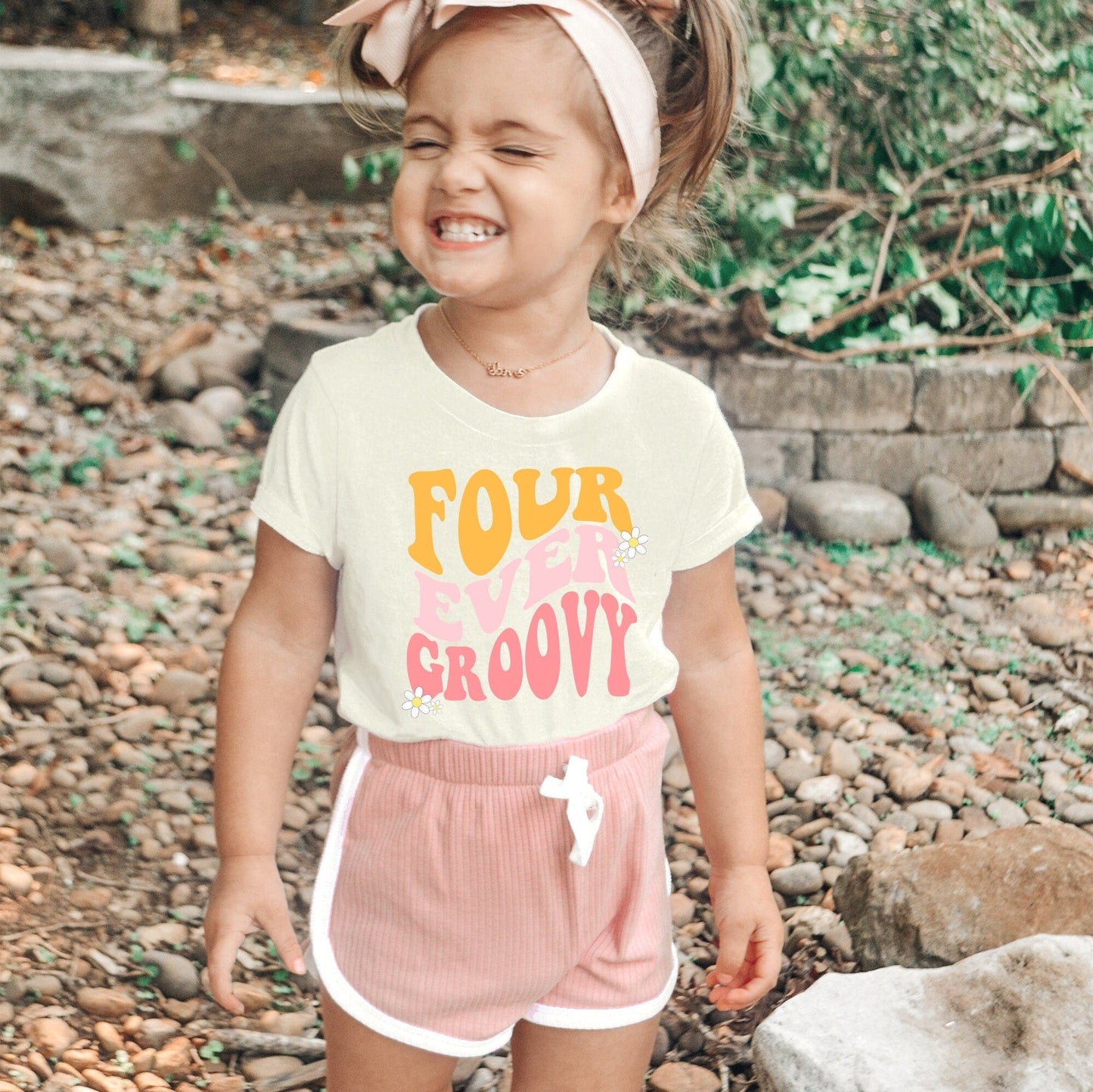 Retro Groovy Fourth Birthday Girl Shirt Four Ever Groovy Hippie Girl Birthday Vibes Groovy 70's Birthday Outfit - Squishy Cheeks