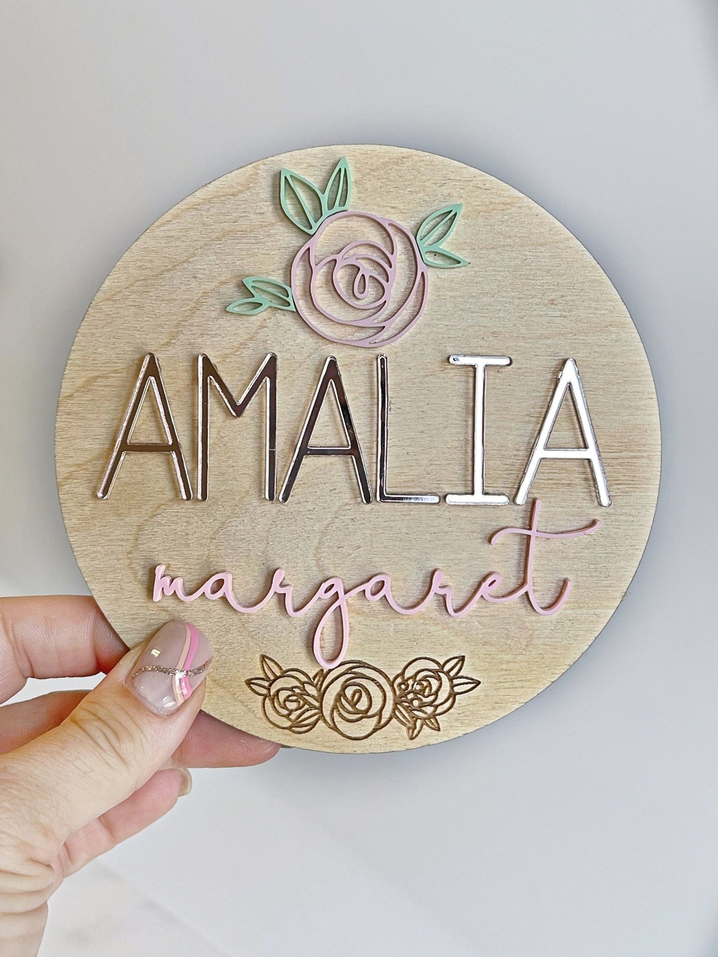 Rose Baby Girl Name Sign Floral Wood Name Sign 3D Name Announcement Sign Floral Nursery Newborn Photo Prop Hospital Plaque Sizes: 5.5 & 11.5 - Squishy Cheeks