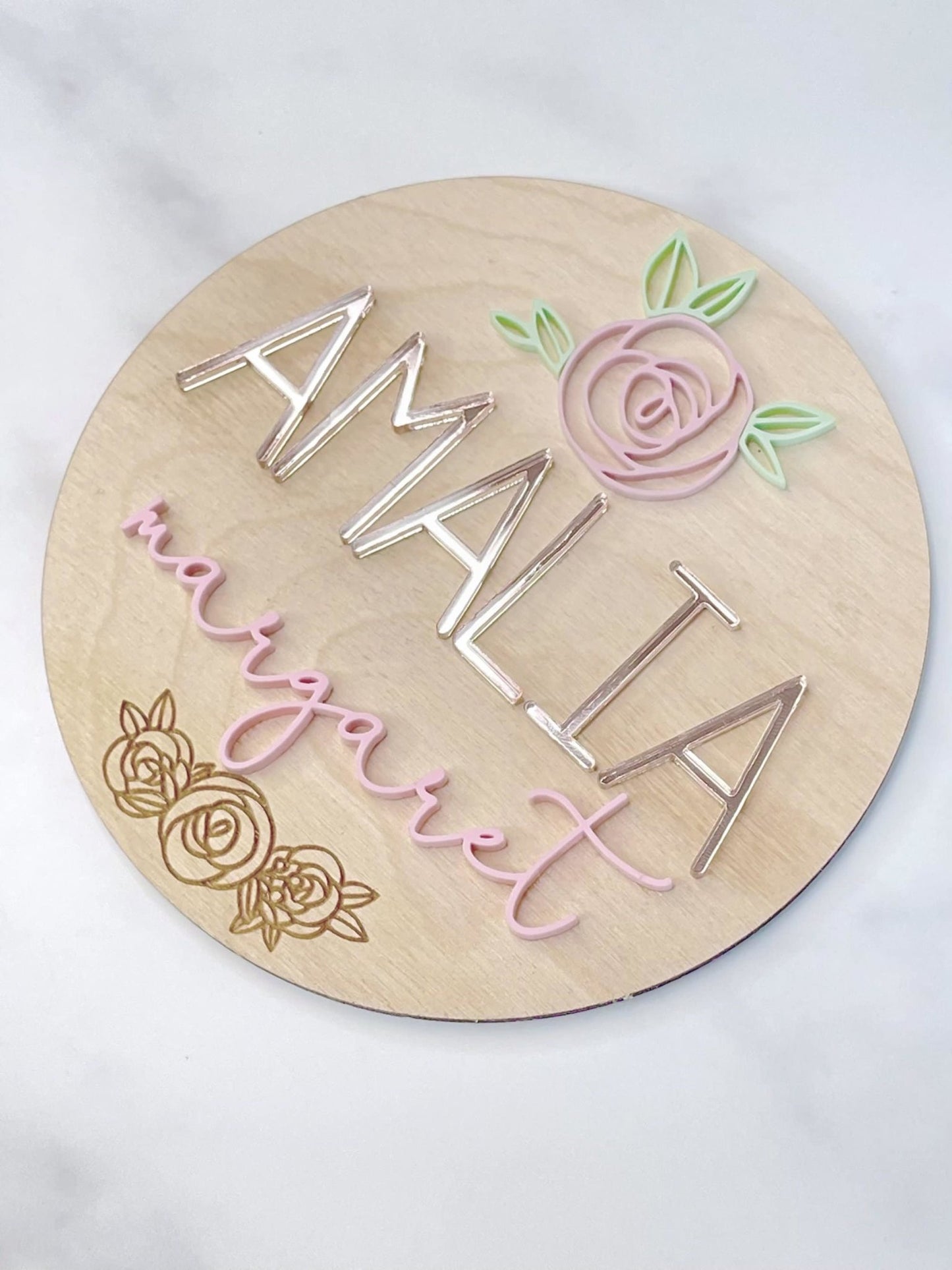 Rose Baby Girl Name Sign Floral Wood Name Sign 3D Name Announcement Sign Floral Nursery Newborn Photo Prop Hospital Plaque Sizes: 5.5 & 11.5 - Squishy Cheeks