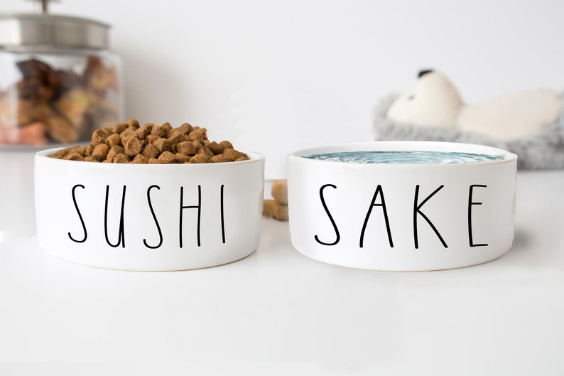 Sushi and Sake Funny White Ceramic Pet Food Bowls Set - Squishy Cheeks