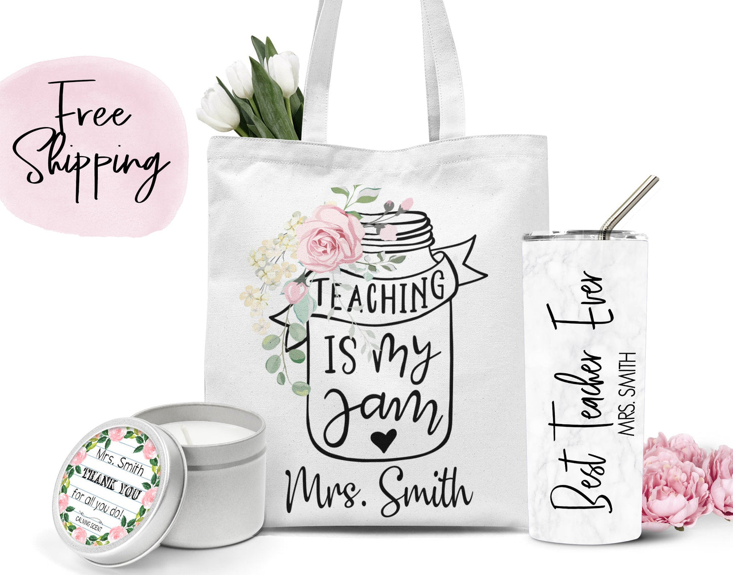 Teacher Gift Set Teacher Appreciation Gift Personalized Tote Bag Calming Scented Candled Custom Stainless Steel Tumbler Straw Included - Squishy Cheeks