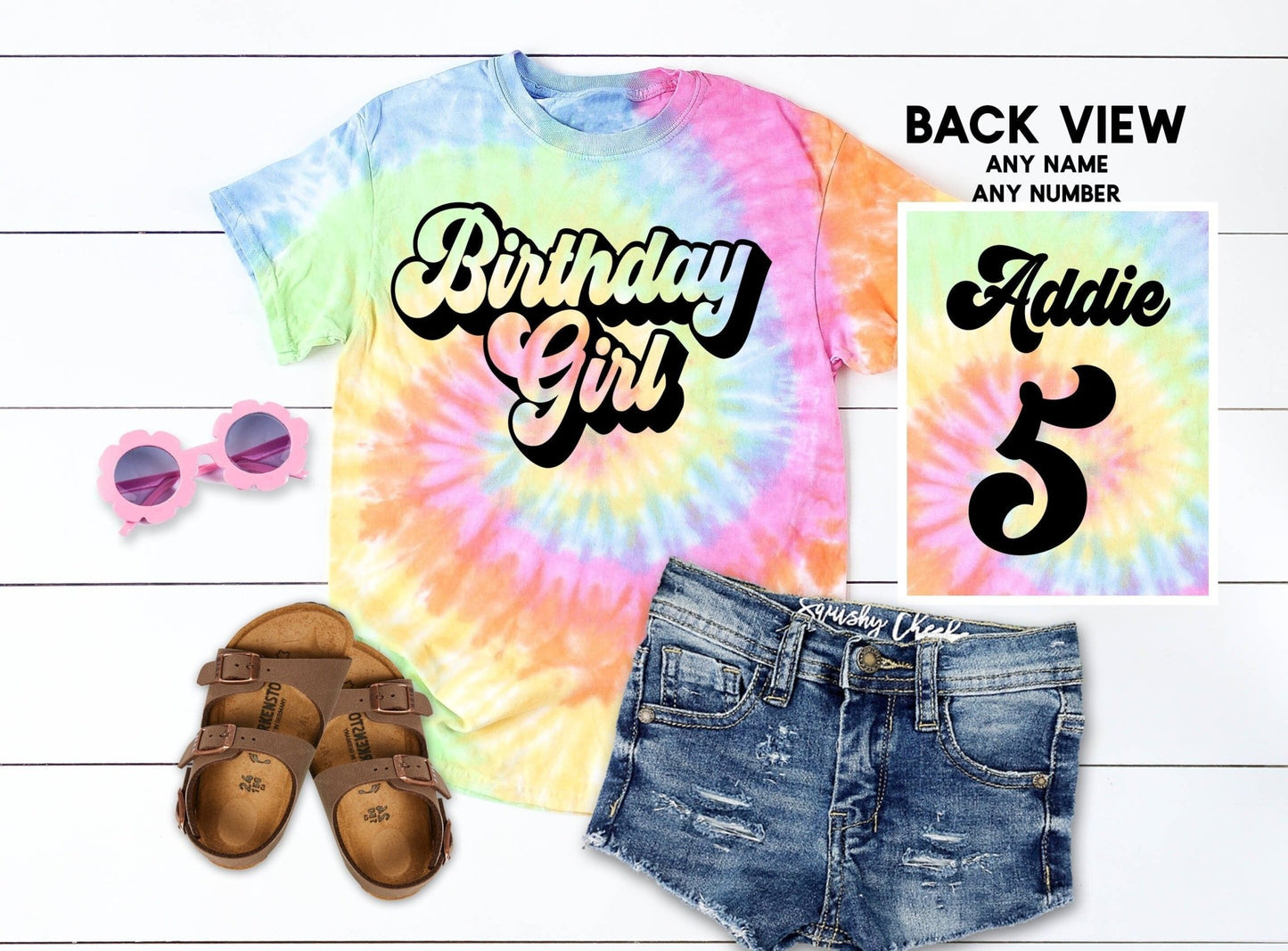 Tie Dye Birthday Girl Shirt Rainbow Personalized Birthday Shirt 2nd Birthday 3rd Birthday 4th Birthday ANY AGE 5th 6th 7th 8th 9th 10th - Squishy Cheeks