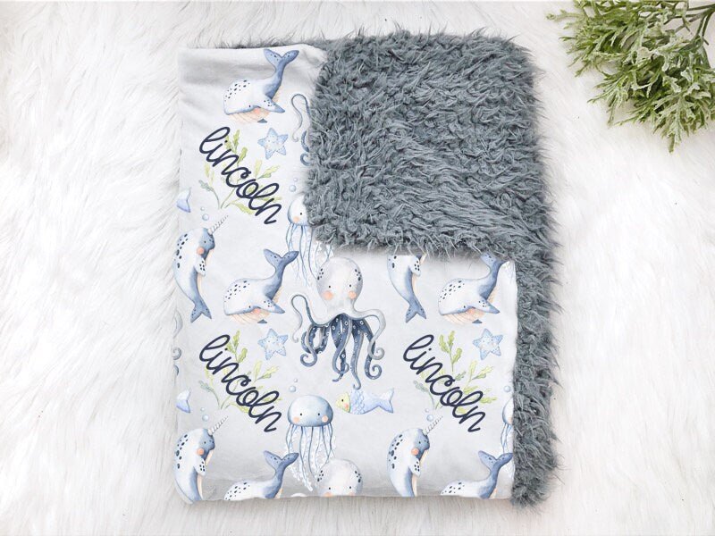 Under the Sea Blanket, Personalized Blanket, Nautical Blanket, Personalized Baby Boy Blanket Pillow Set Baby Swaddle Baby Shower Gift - Squishy Cheeks
