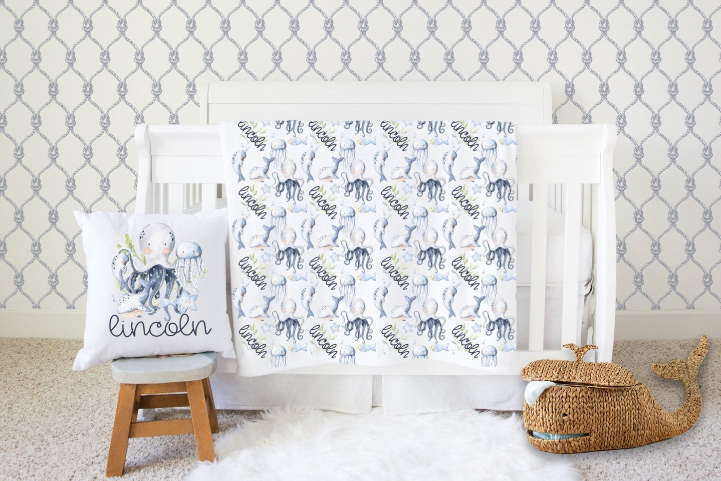 Under the Sea Blanket, Personalized Blanket, Nautical Blanket, Personalized Baby Boy Blanket Pillow Set Baby Swaddle Baby Shower Gift - Squishy Cheeks