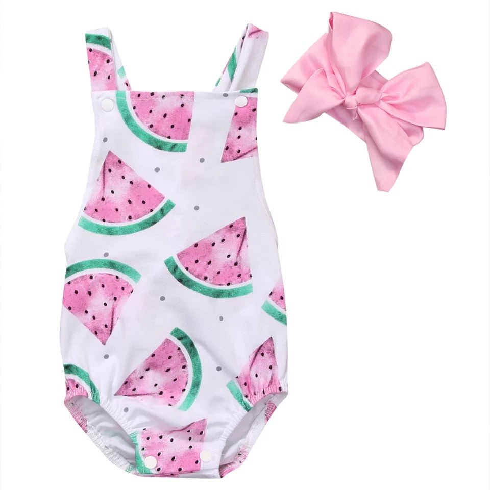 Watermelon Cross-Back Bubble Romper & Headband Set - Squishy Cheeks