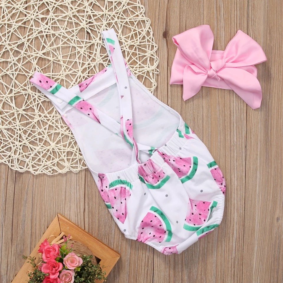 Watermelon Cross-Back Bubble Romper & Headband Set - Squishy Cheeks