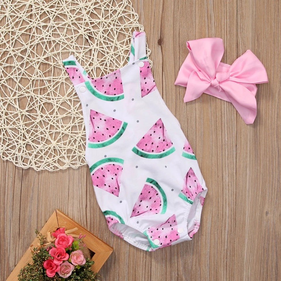 Watermelon Cross-Back Bubble Romper & Headband Set - Squishy Cheeks