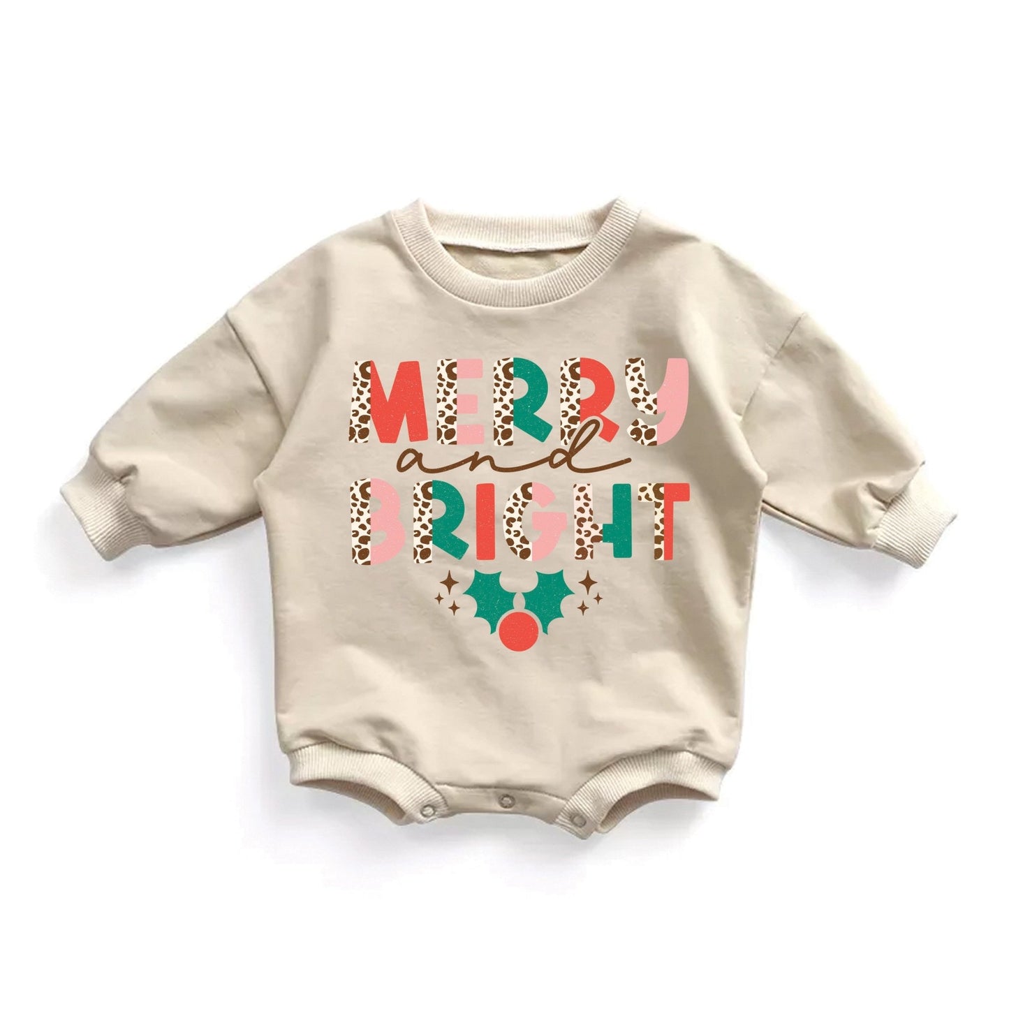 Woman Christmas Sweatshirt Merry and Bright Baby Romper Bubble Romper Sweatsuit - Squishy Cheeks