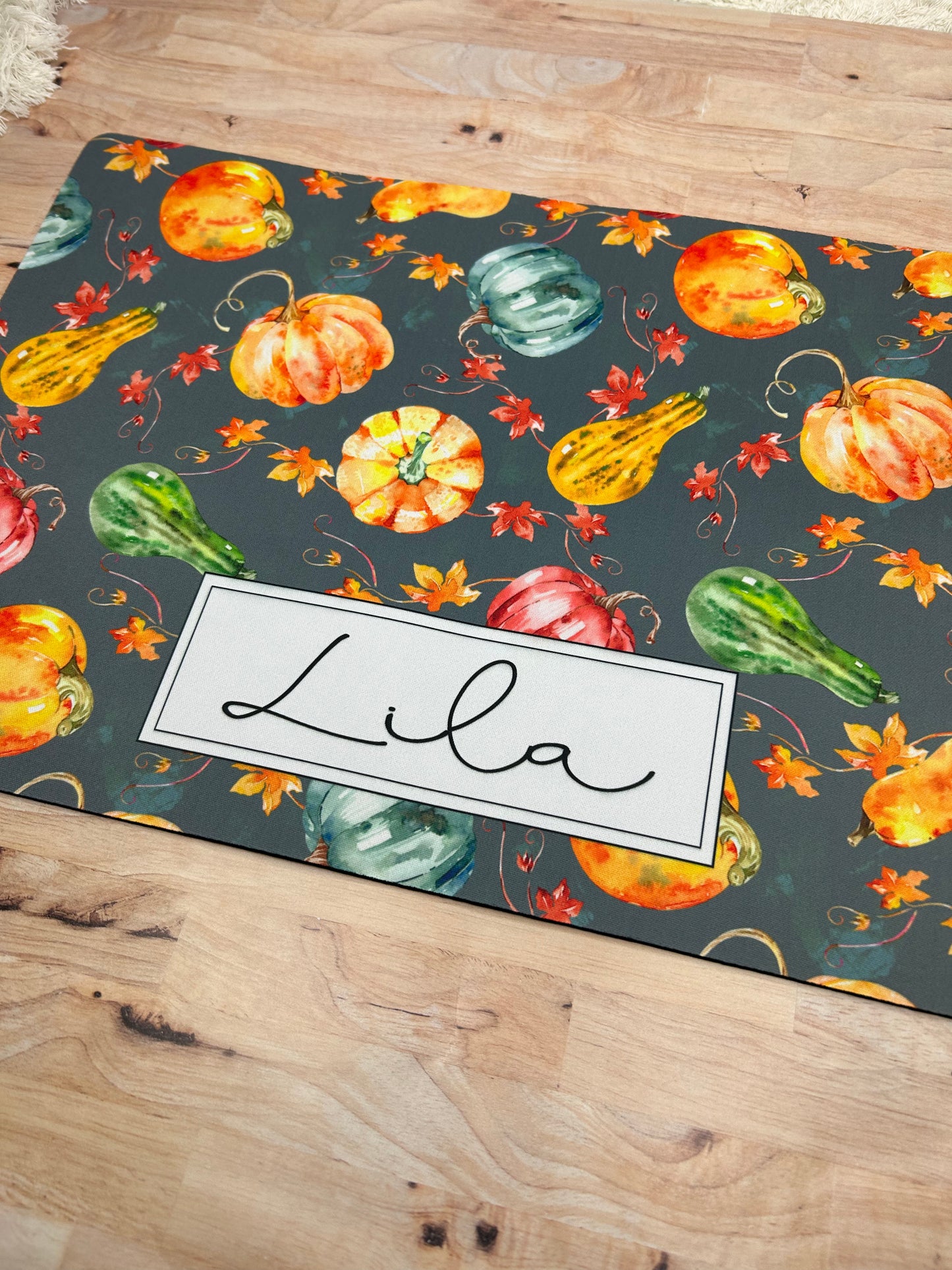 Fall Pumpkin Print Personalized Dog Food Bowl Mat