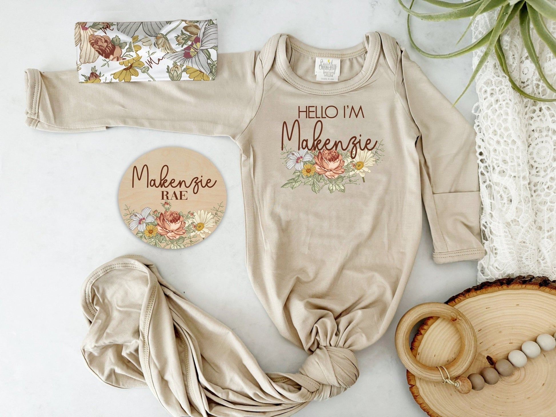 Baby Girl Floral Gown, Custom Vintage Floral Baby Newborn Gown W/ Name, Gift Set - Squishy Cheeks