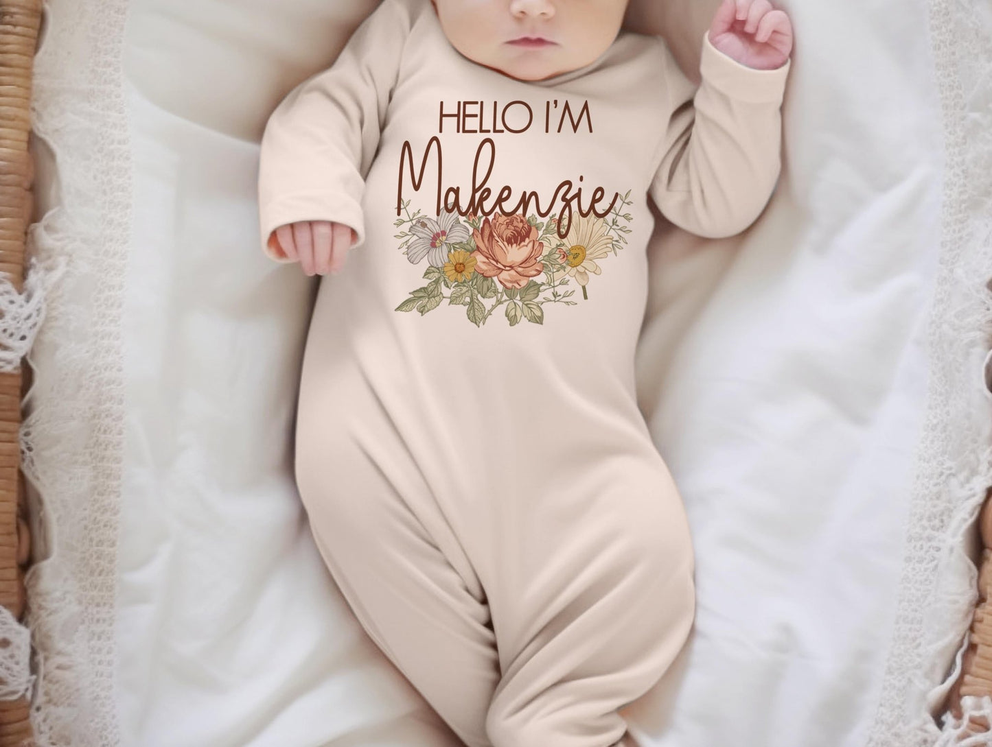 Baby Girl Floral Gown, Custom Vintage Floral Baby Newborn Gown W/ Name, Gift Set - Squishy Cheeks