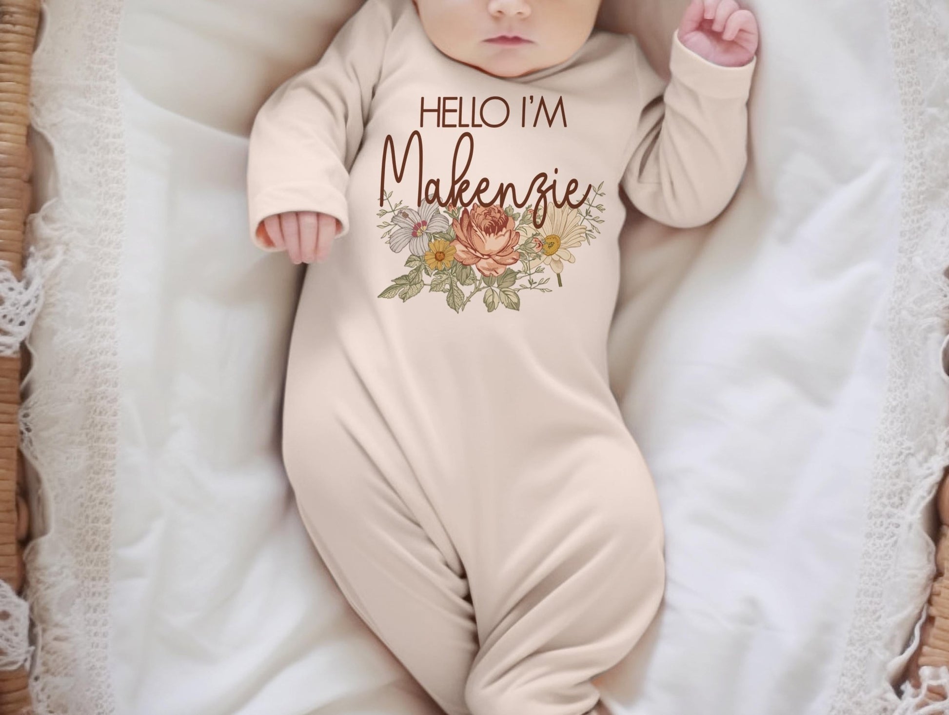 Baby Girl Floral Gown, Custom Vintage Floral Baby Newborn Gown W/ Name, Gift Set - Squishy Cheeks