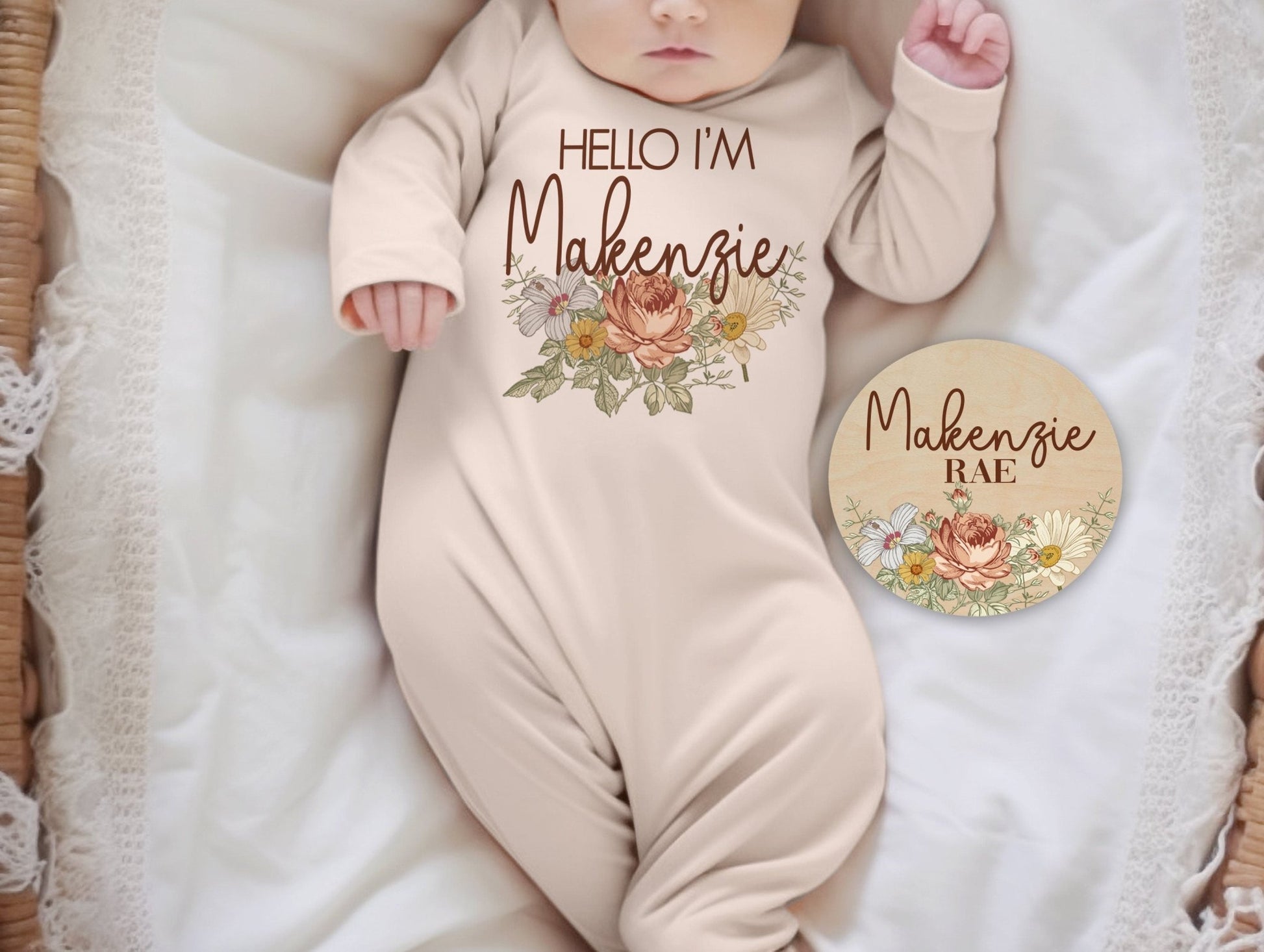 Baby Girl Floral Gown, Custom Vintage Floral Baby Newborn Gown W/ Name, Gift Set - Squishy Cheeks