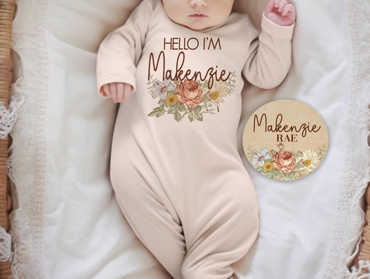Baby Girl Floral Gown, Custom Vintage Floral Baby Newborn Gown W/ Name, Gift Set - Squishy Cheeks