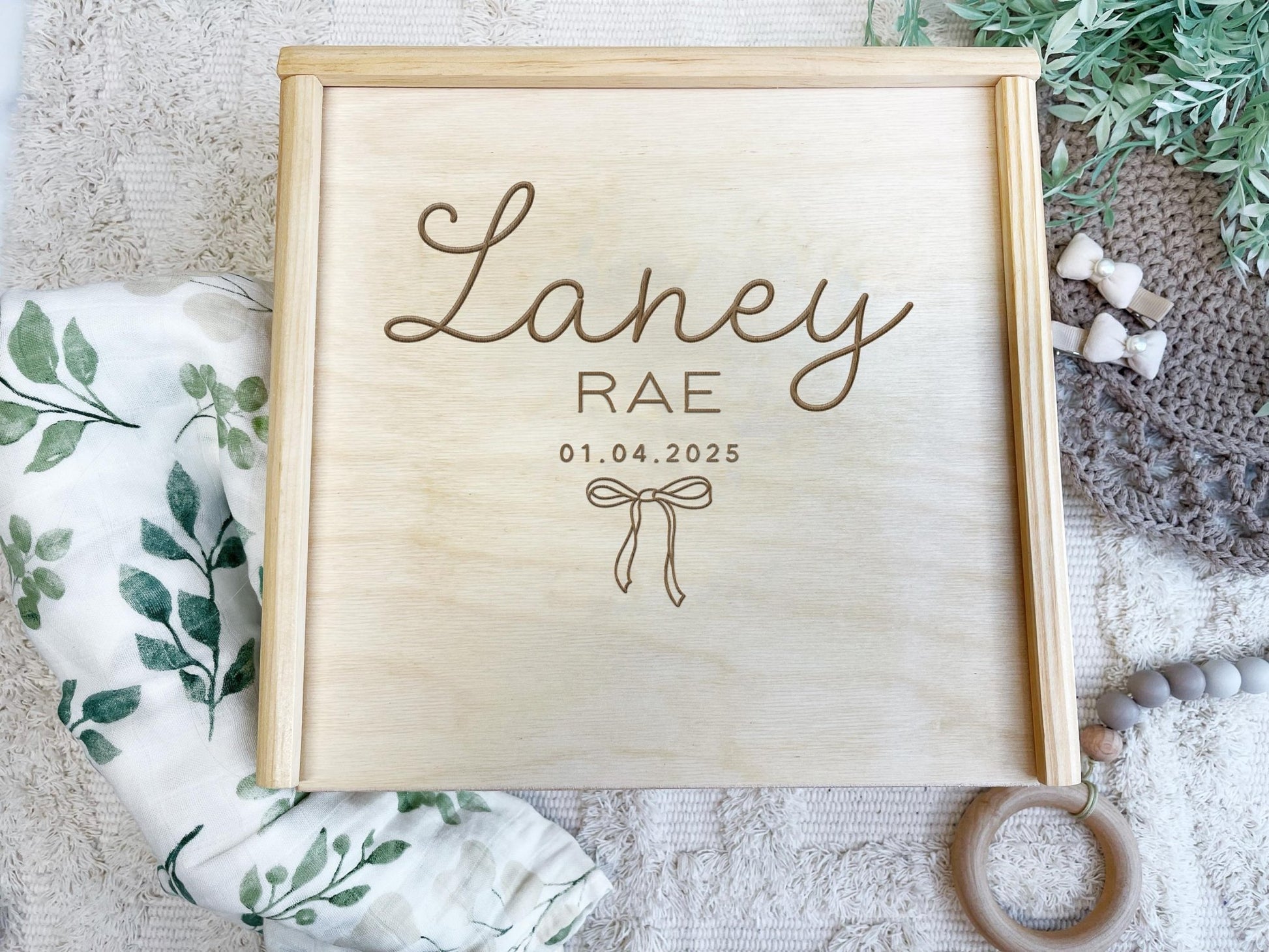 Baby Girl Personalized Keepsake Box with Bow, Custom Newborn Engraved Memory Gift Box - Squishy Cheeks