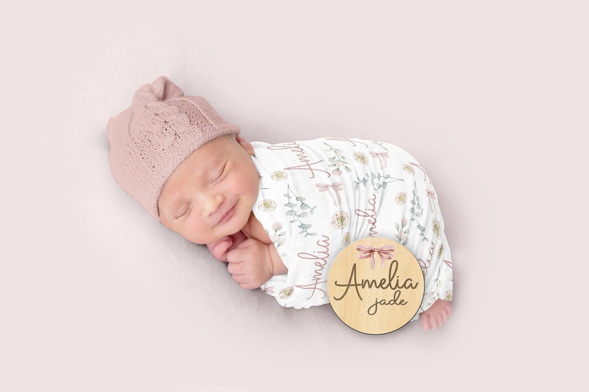 Baby Girl Pink Bows swaddle, Floral Personalized Swaddle Blanket, Baby Girl boho ballet bow greenery Nursery Swaddle With Name sign - Squishy Cheeks