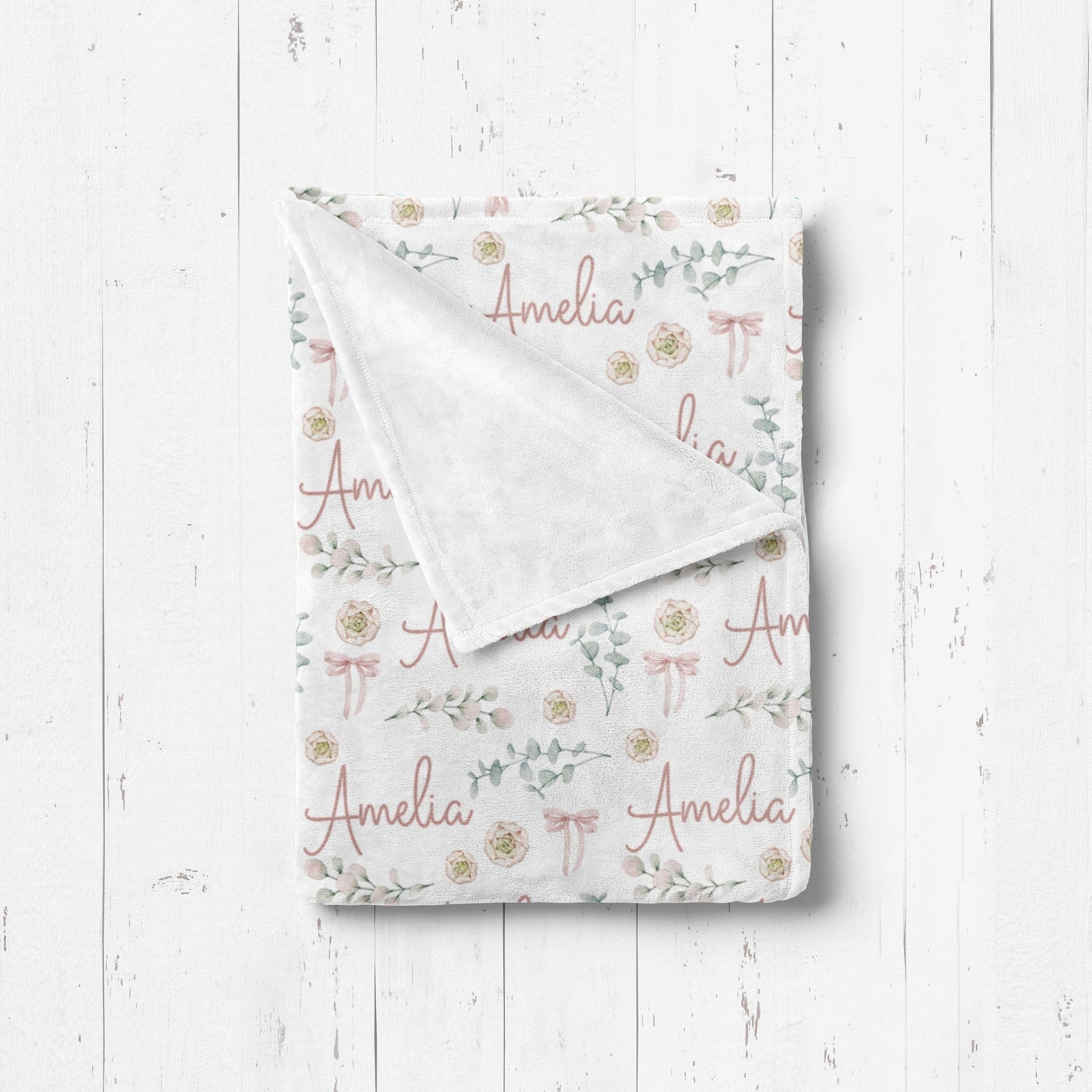 Baby Girl Pink Bows swaddle, Floral Personalized Swaddle Blanket, Baby Girl boho ballet bow greenery Nursery Swaddle With Name sign - Squishy Cheeks