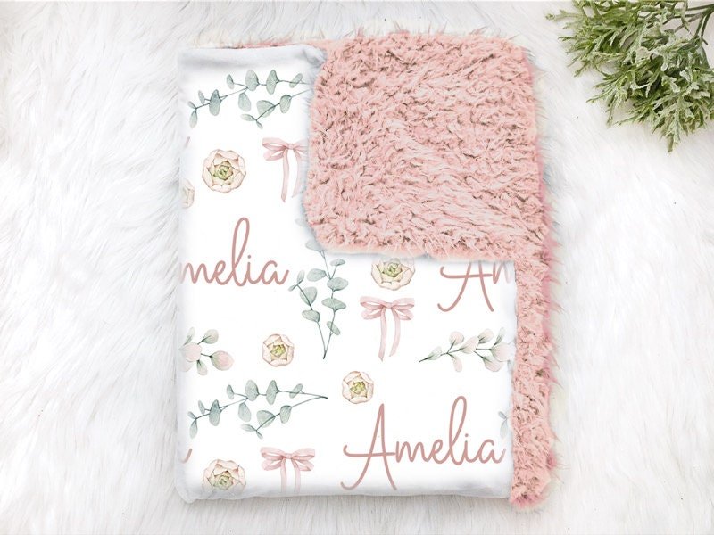 Baby Girl Pink Bows swaddle, Floral Personalized Swaddle Blanket, Baby Girl boho ballet bow greenery Nursery Swaddle With Name sign - Squishy Cheeks