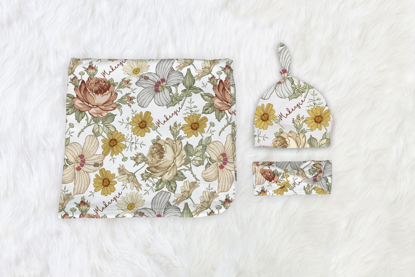 Baby Girl Wildflower Swaddle, Personalized Vintage Floral Baby Blanket with Name Sign - Squishy Cheeks