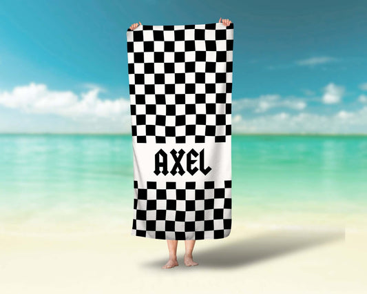 Black Checkered Custom Name Rocker Towel Personalized Beach Towel Boys Name Pool Towel - Squishy Cheeks