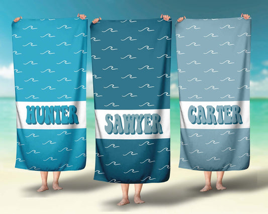 Boy's Surf Wave Personalized Beach Towel Custom Beach Towel Kids - Squishy Cheeks