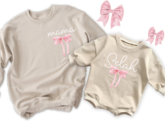 Coquette Mama Mini Custom Pink Bow Shirts Mother's Day Mommy and Me Matching Shirts - Squishy Cheeks