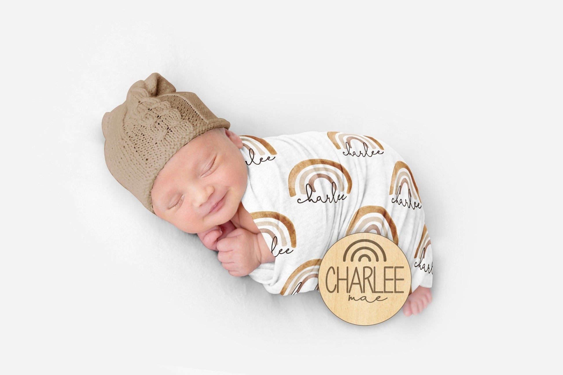 Custom Neutral Rainbow Name Pillow Blanket Set Unisex Brown Personalized Rainbow Name Swaddle Rainbow Baby Boy Blanket Pillow Set Baby Girl - Squishy Cheeks