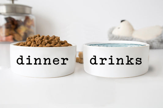 Dog Food and Water Bowls: Ceramic Funny Dinner and Drinks Pet Bowls, 2 Sizes - Squishy Cheeks
