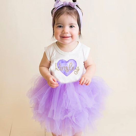 Girls Custom Name Dress Purple Lavender Fluffy Dress with Name Baby Birthday Twirl Dress Newborn-10 Year - Squishy Cheeks