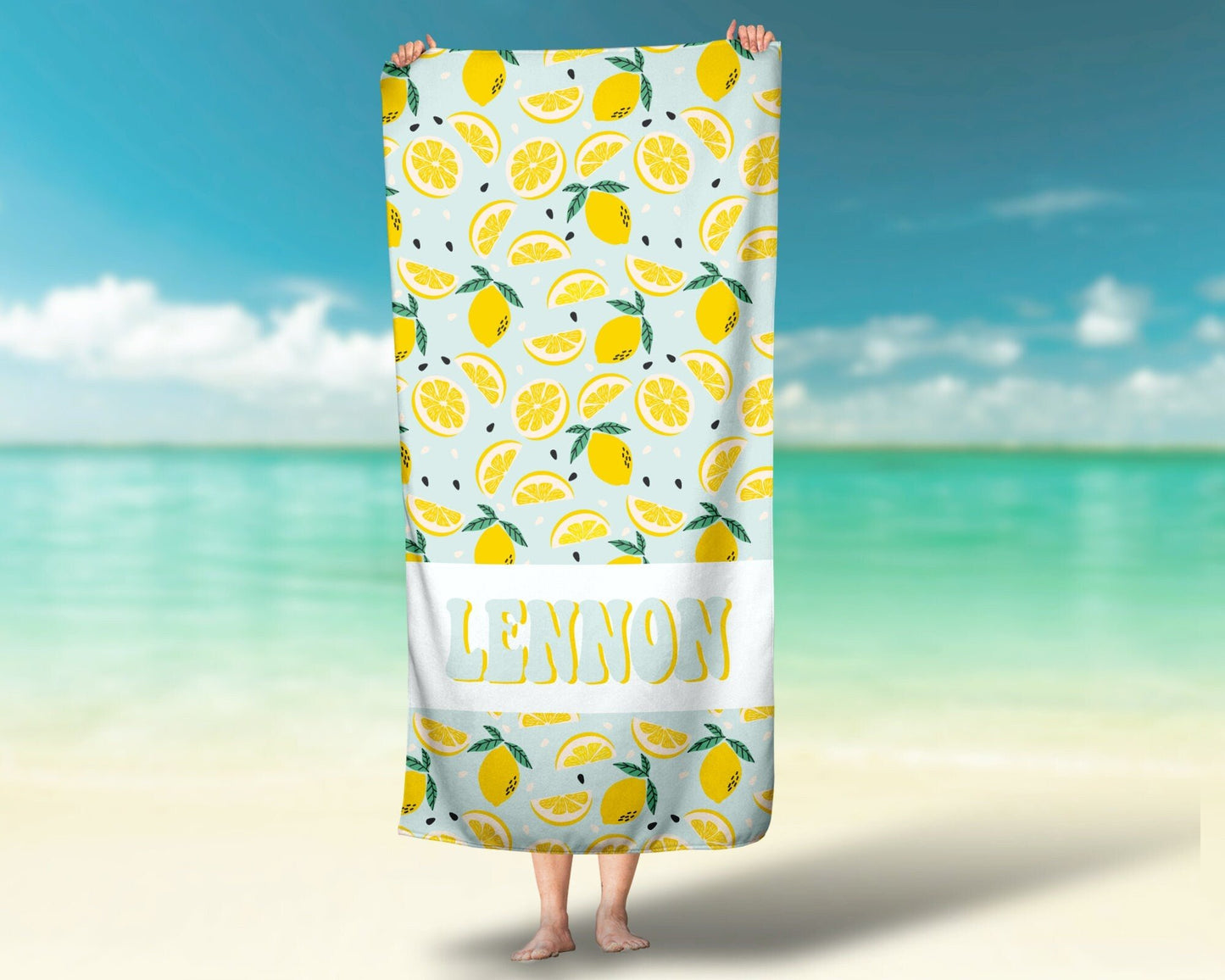 Girls Lemon Personalized Beach Towel, Retro Custom Beach Towel, Custom Children's Pool Towel Bathing Towel with name - Squishy Cheeks