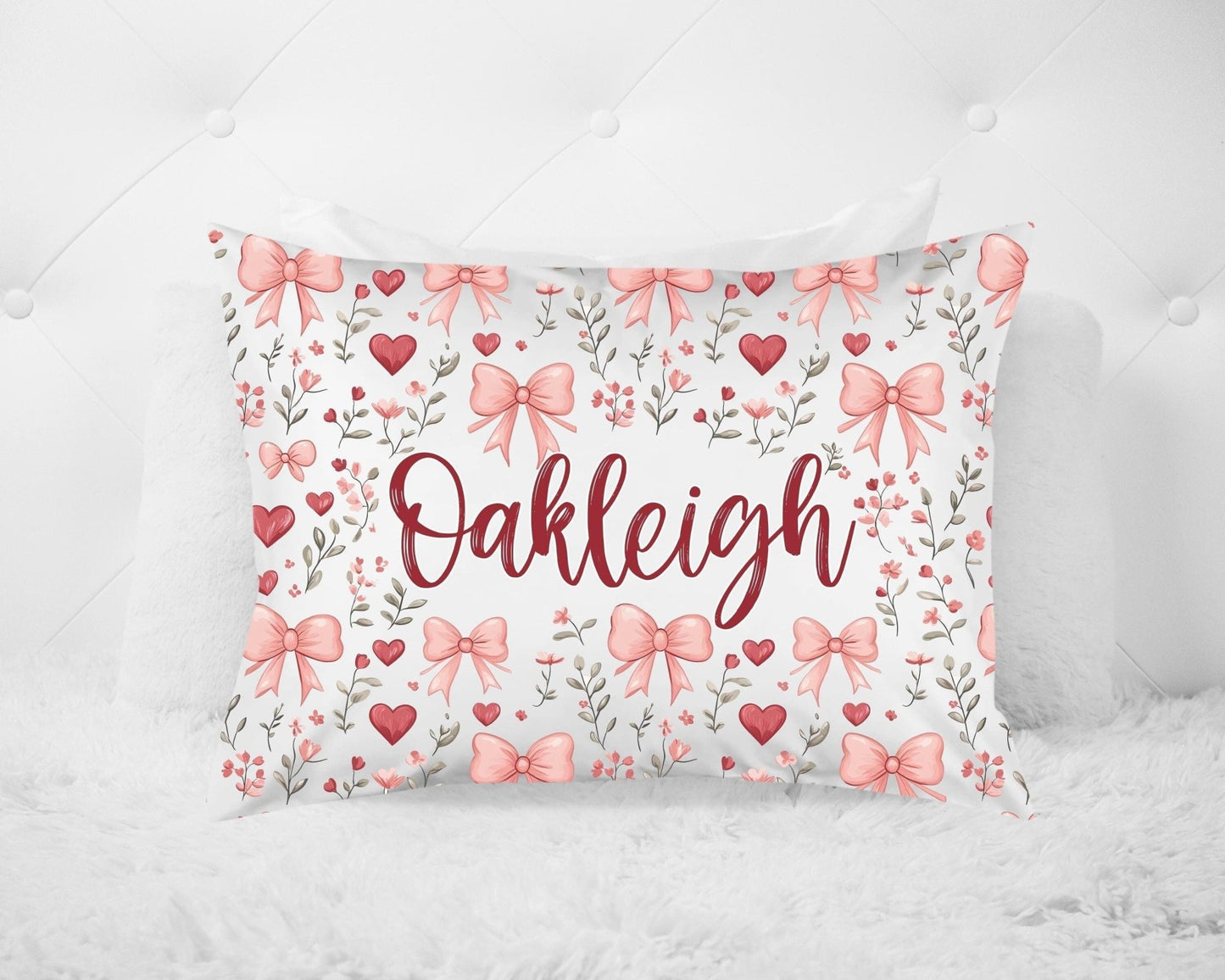 Girls Personalized Valentine Pillowcase – Valentine’s Gift for Daughter with Bow & Heart Design - Squishy Cheeks