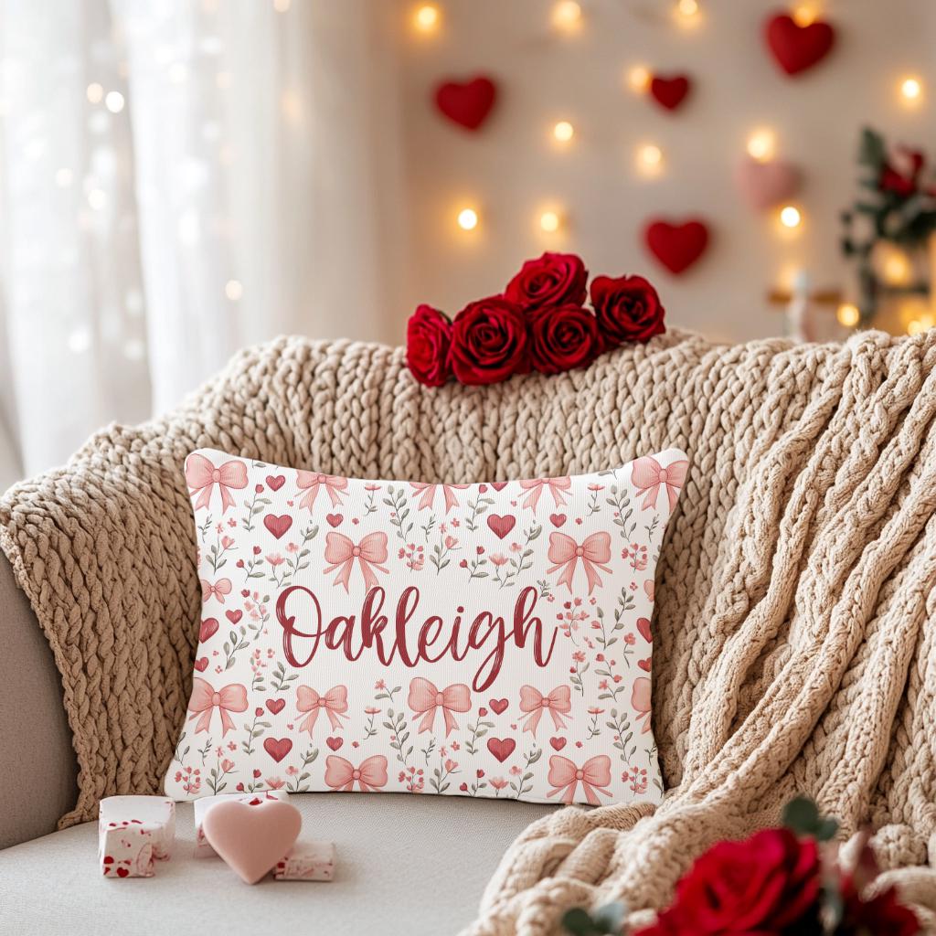 Girls Personalized Valentine Pillowcase – Valentine’s Gift for Daughter with Bow & Heart Design - Squishy Cheeks