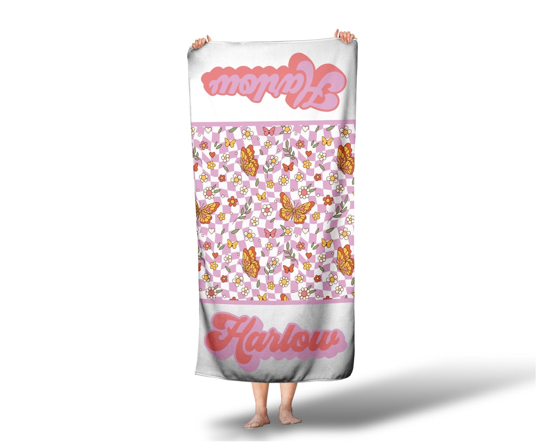 Girls retro groovy y2k daisy print Personalized Beach Towel, Retro Custom Beach Towel, Custom Children's Pool Towel Bathing Towel with name - Squishy Cheeks