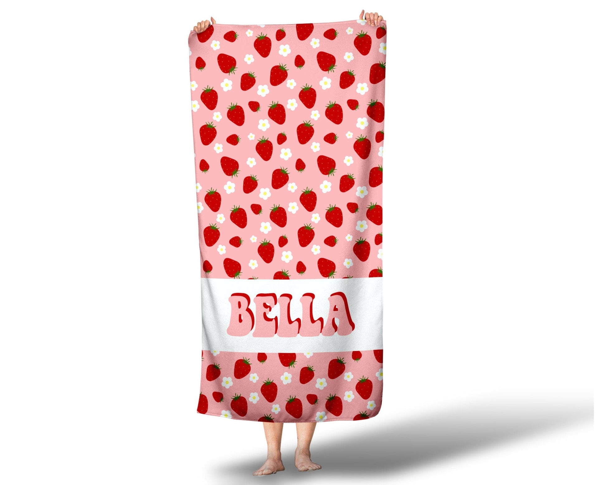 Girls Strawberry Personalized Beach Towel, Retro Custom Beach Towel, Custom Children's Pool Towel Bathing Towel with name - Squishy Cheeks