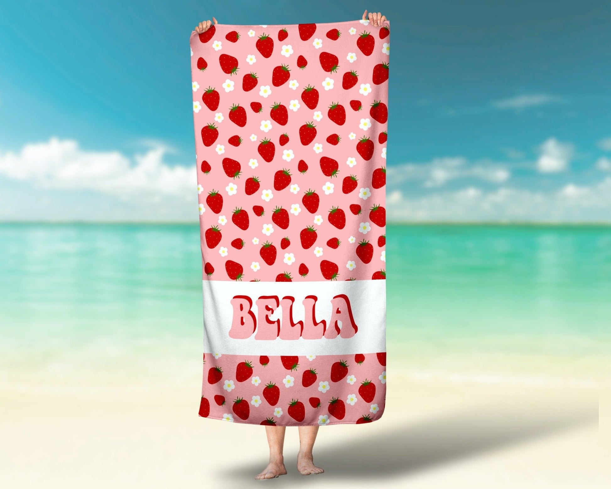 Girls Strawberry Personalized Beach Towel, Retro Custom Beach Towel, Custom Children's Pool Towel Bathing Towel with name - Squishy Cheeks