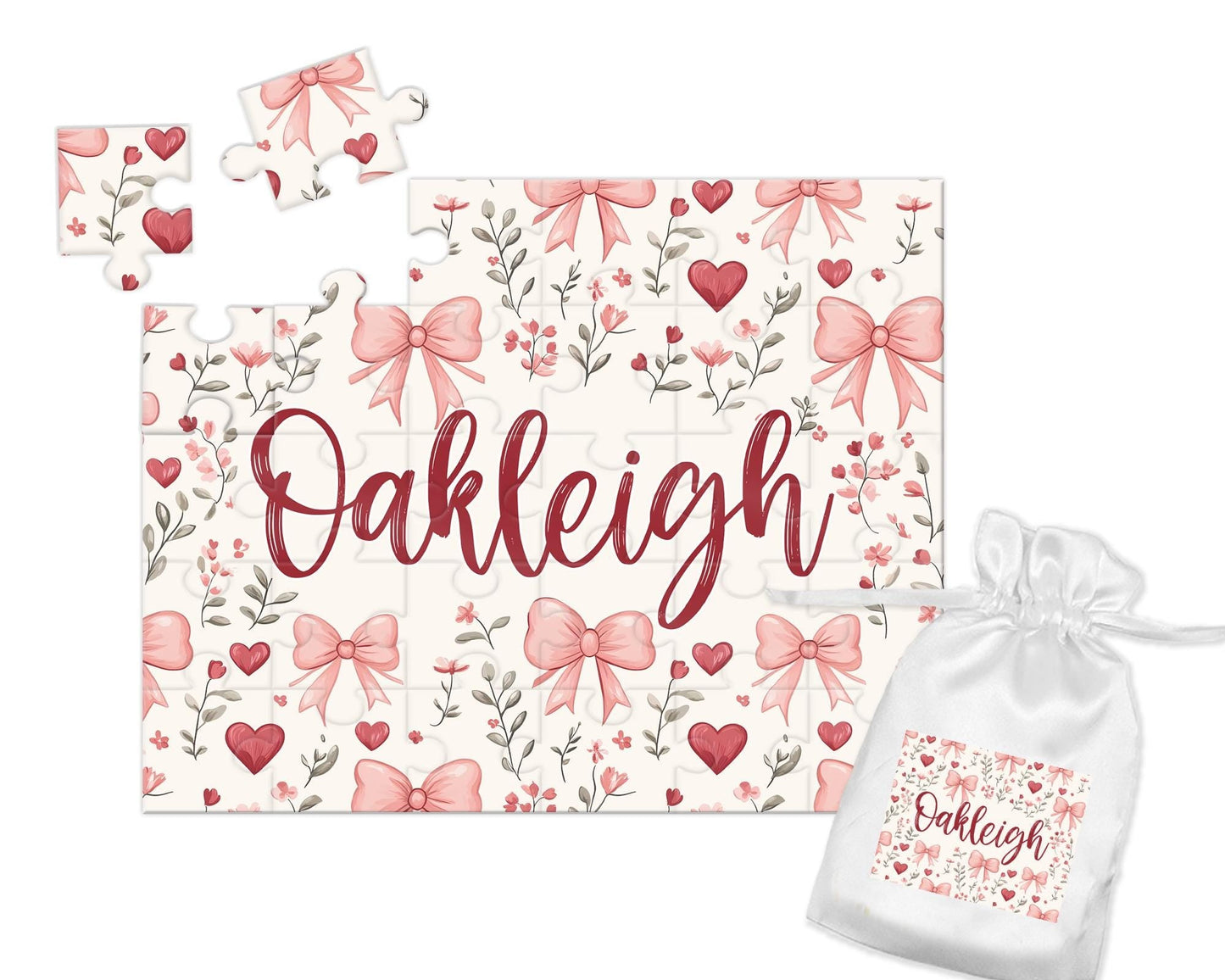 Girls Valentines Day Gift, Bows and Hearts Personalized Name Puzzle - Squishy Cheeks