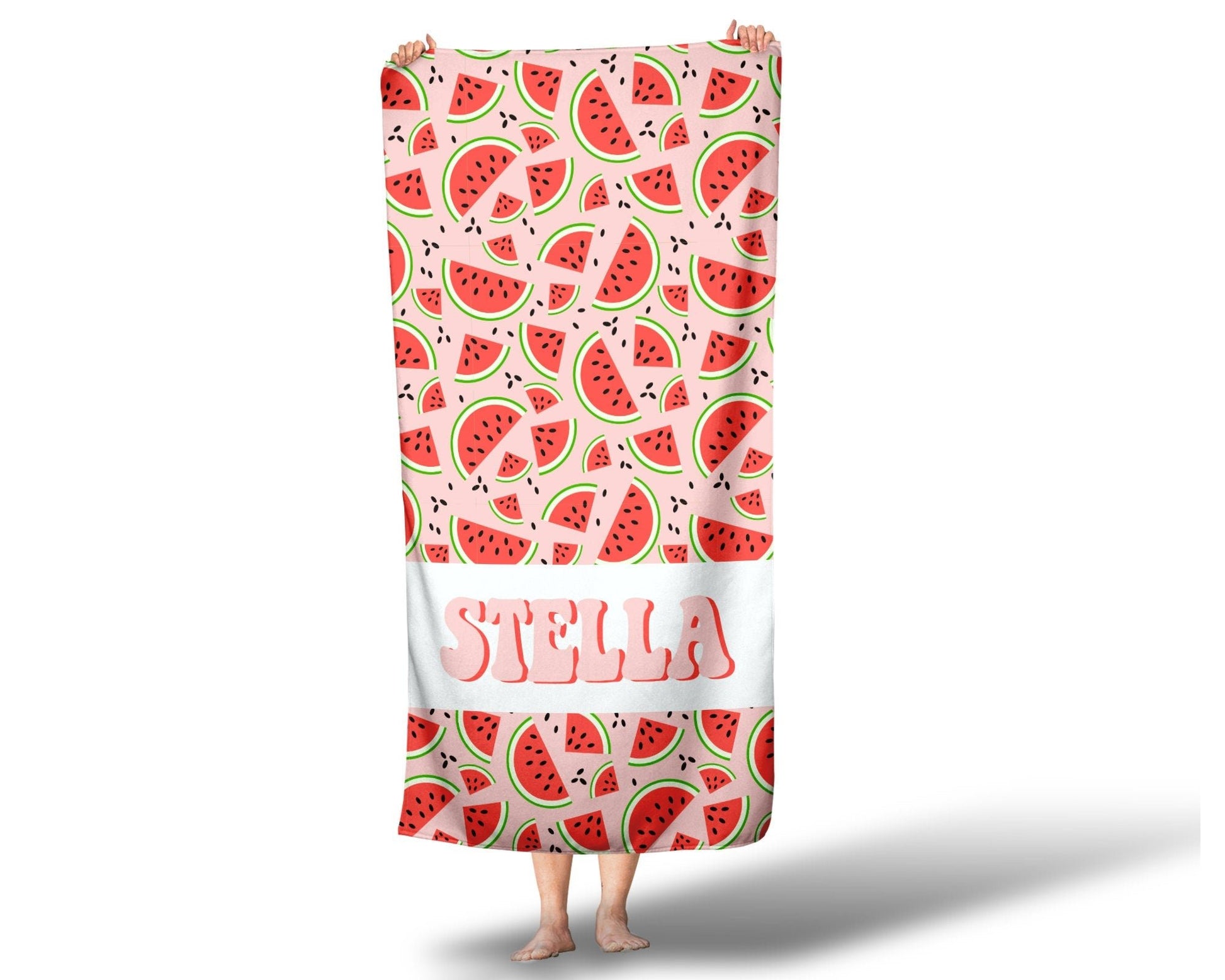 Girls Watermelon Personalized Beach Towel, Retro Custom Beach Towel, Custom Children's Pool Towel Bathing Towel with name - Squishy Cheeks