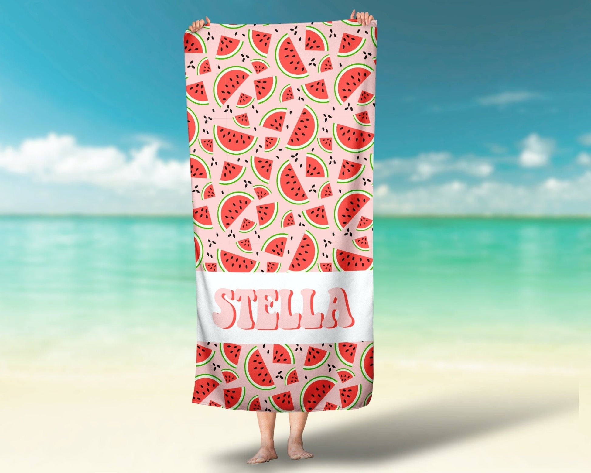 Girls Watermelon Personalized Beach Towel, Retro Custom Beach Towel, Custom Children's Pool Towel Bathing Towel with name - Squishy Cheeks