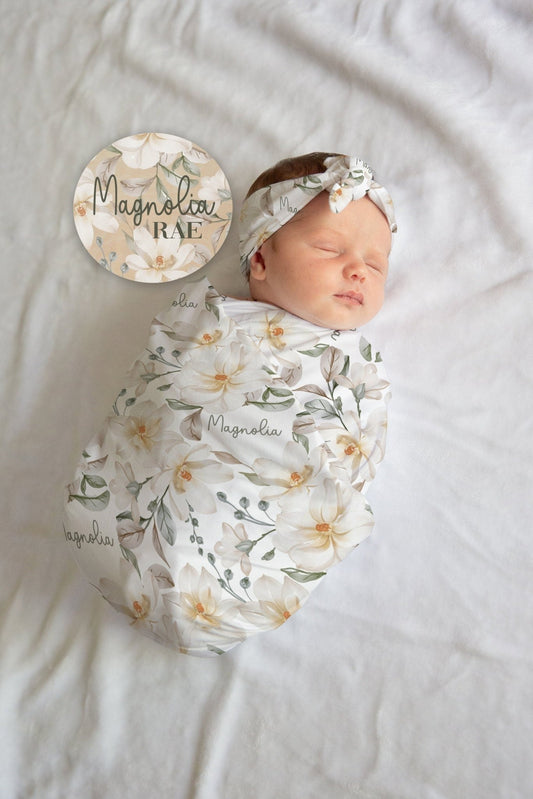 Magnolia Floral Baby Swaddle, Personalized Magnolia Baby Blanket with Name Sign Gift Set - Squishy Cheeks