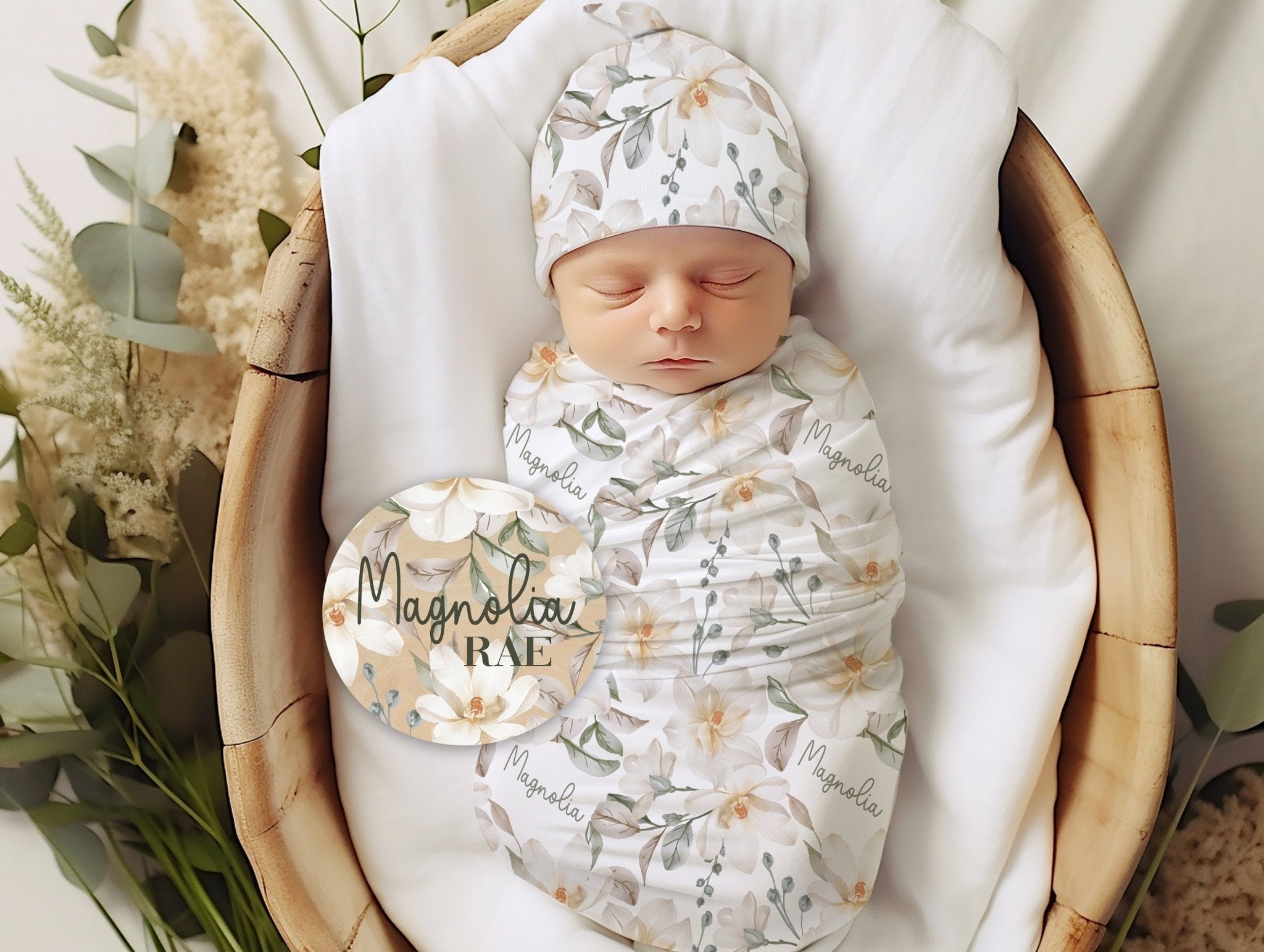 Magnolia Floral Baby Swaddle Magnolia Baby Blanket with Name Sign Gift Set