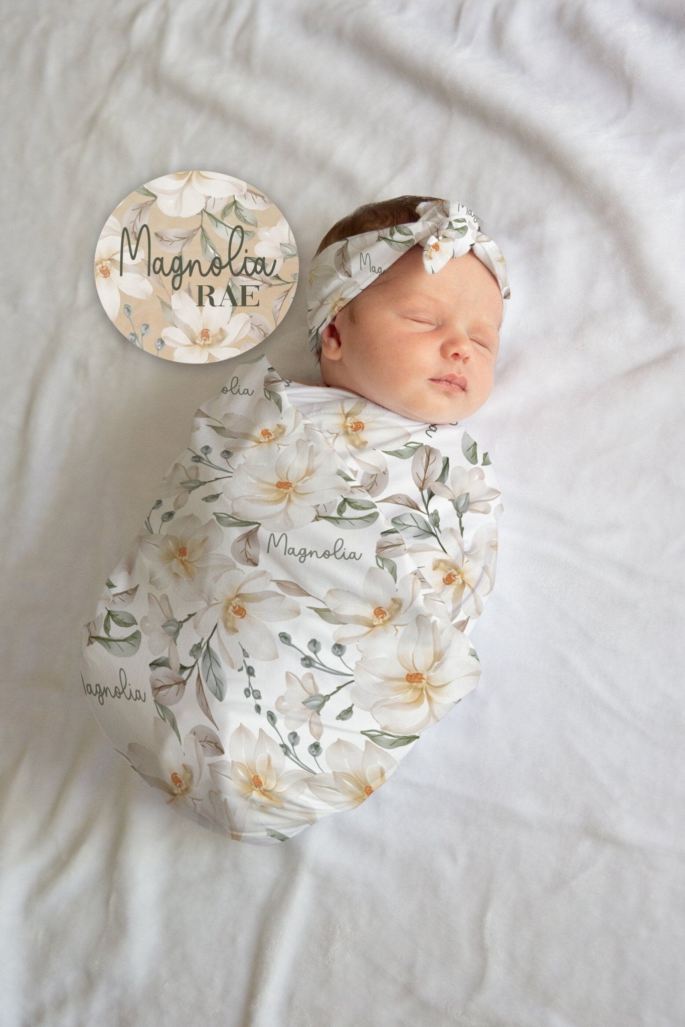 Magnolia Floral Baby Swaddle Magnolia Baby Blanket with Name Sign Gift Squishy Cheeks