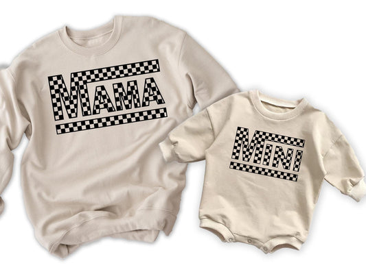 Mama Mini Checkered Boy Rocker Matching Mom Kids Sweatshirts Mommy and Me Shirts - Squishy Cheeks