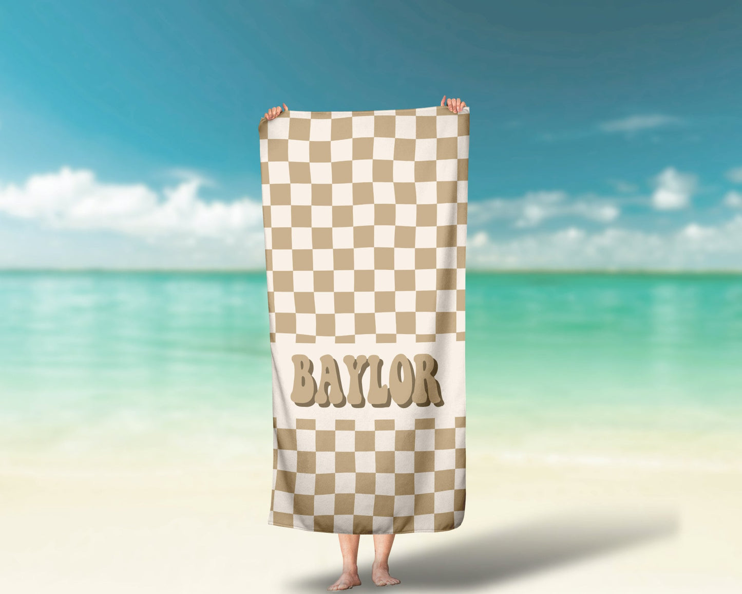 Personalized Beach Towel Checkered Retro Custom Beach Towel Kids Pool Name Towel - Squishy Cheeks