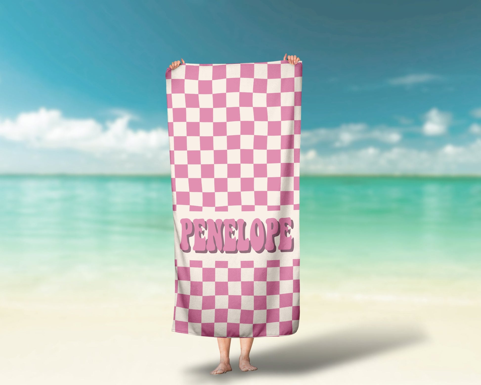 Personalized Beach Towel Checkered Retro Custom Beach Towel Kids Pool Name Towel - Squishy Cheeks