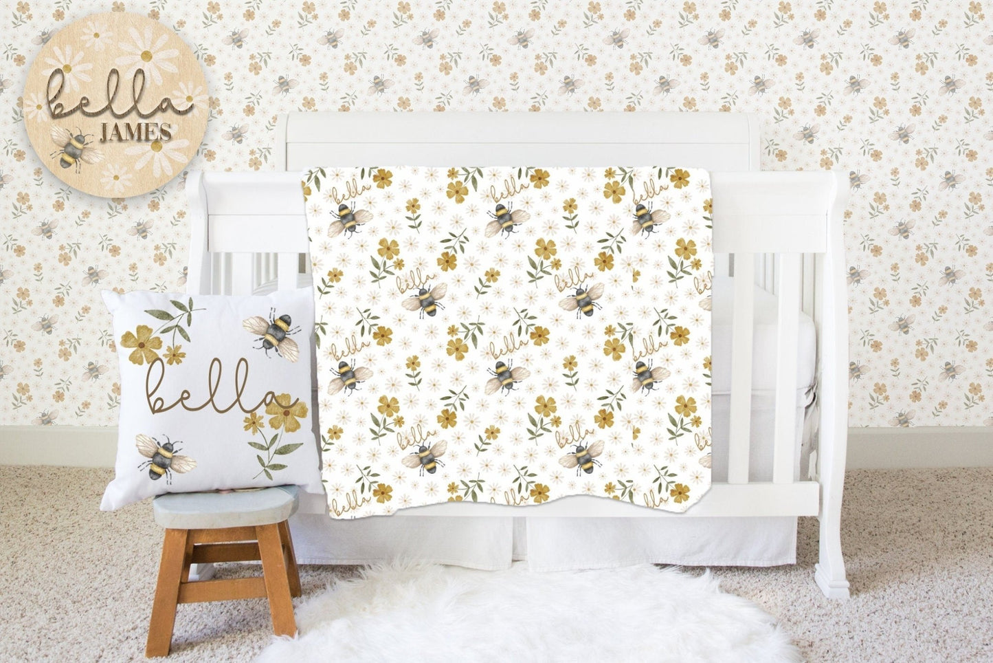 Personalized Bumble Bee Floral Pillow Bee Nursery Baby Blanket Pillow Set Honey Bee Baby Swaddle - Squishy Cheeks